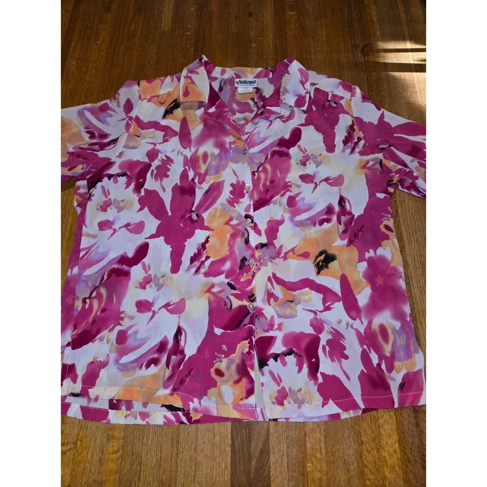 National Women XL Pink Orange Floral Spring Summer Button Down Short Sleeve Top - Picture 1 of 11